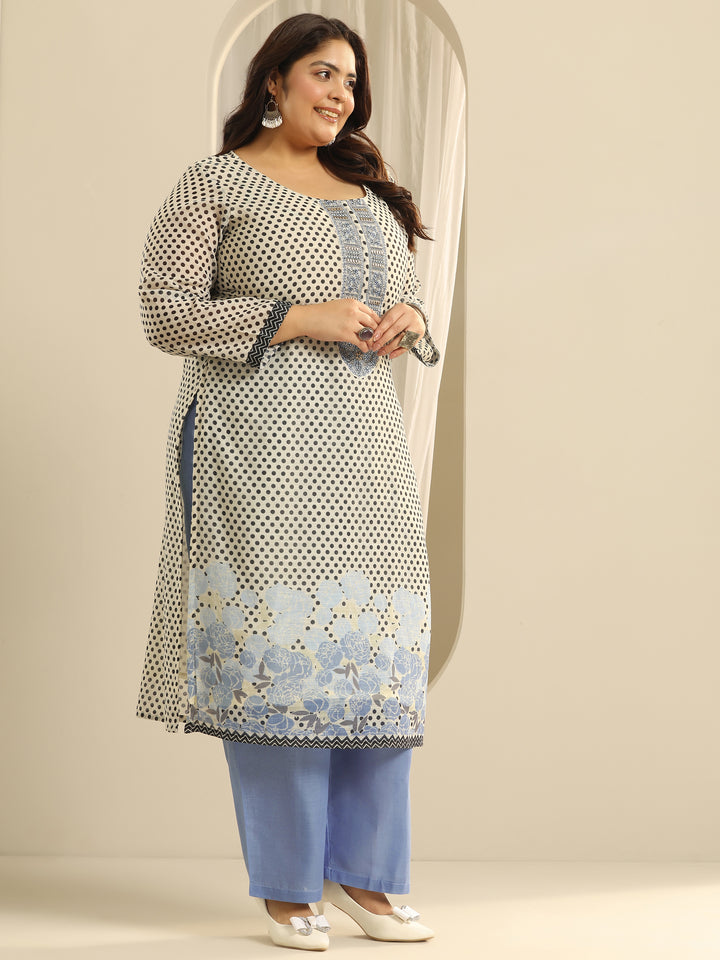 Plus Size Off White Printed Cotton Blend Straight Suit Set With Dupatta
