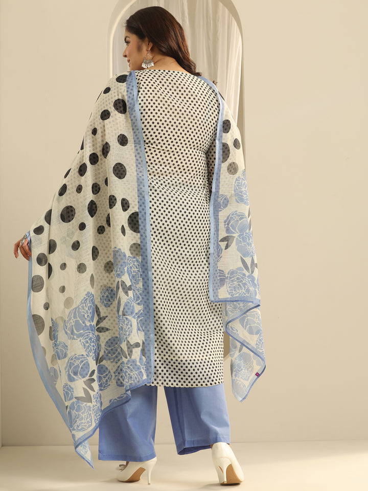Plus Size Off White Printed Cotton Blend Straight Suit Set With Dupatta