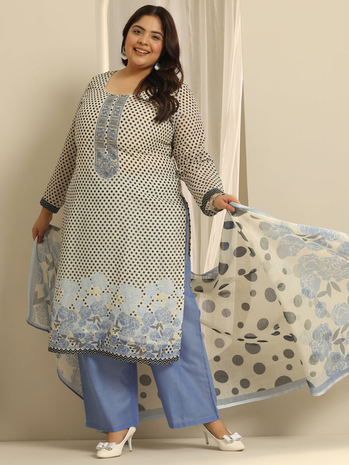 Plus Size Off White Printed Cotton Blend Straight Suit Set With Dupatta