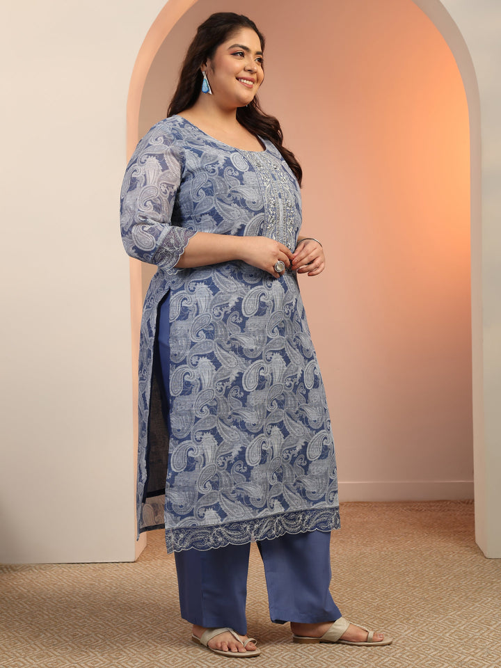 Plus Size Blue Printed cotton blend Straight Suit Set With Dupatta