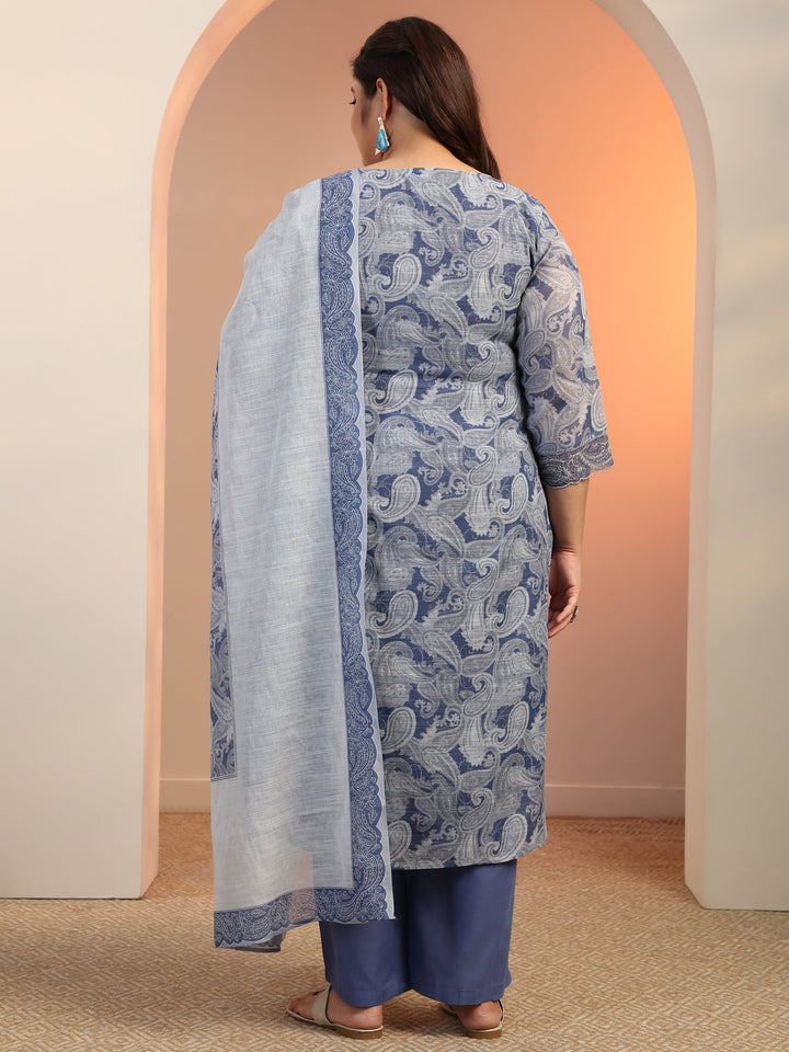 Plus Size Blue Printed cotton blend Straight Suit Set With Dupatta