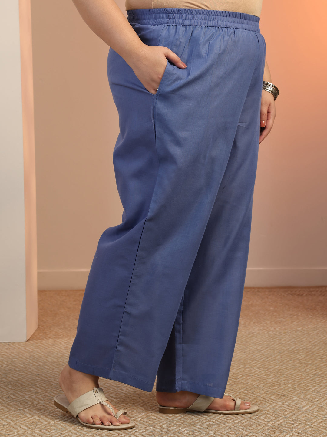 Plus Size Blue Printed cotton blend Straight Suit Set With Dupatta