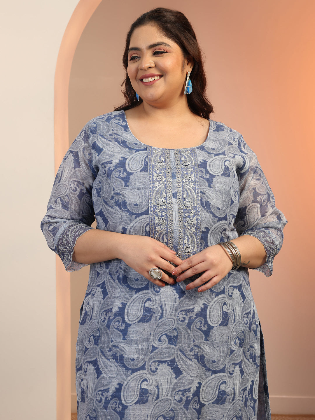 Plus Size Blue Printed cotton blend Straight Suit Set With Dupatta