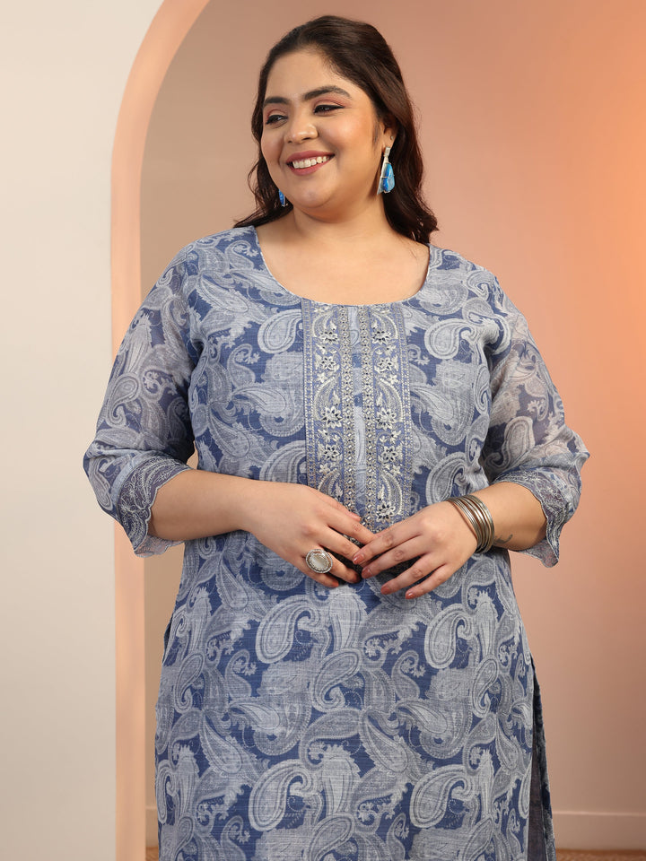 Plus Size Blue Printed cotton blend Straight Suit Set With Dupatta