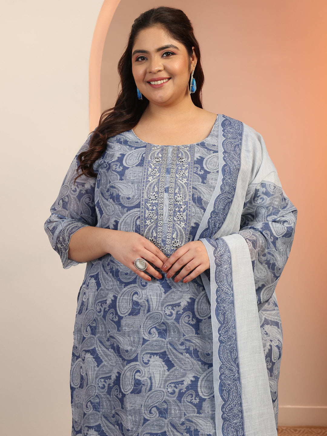 Plus Size Blue Printed cotton blend Straight Suit Set With Dupatta