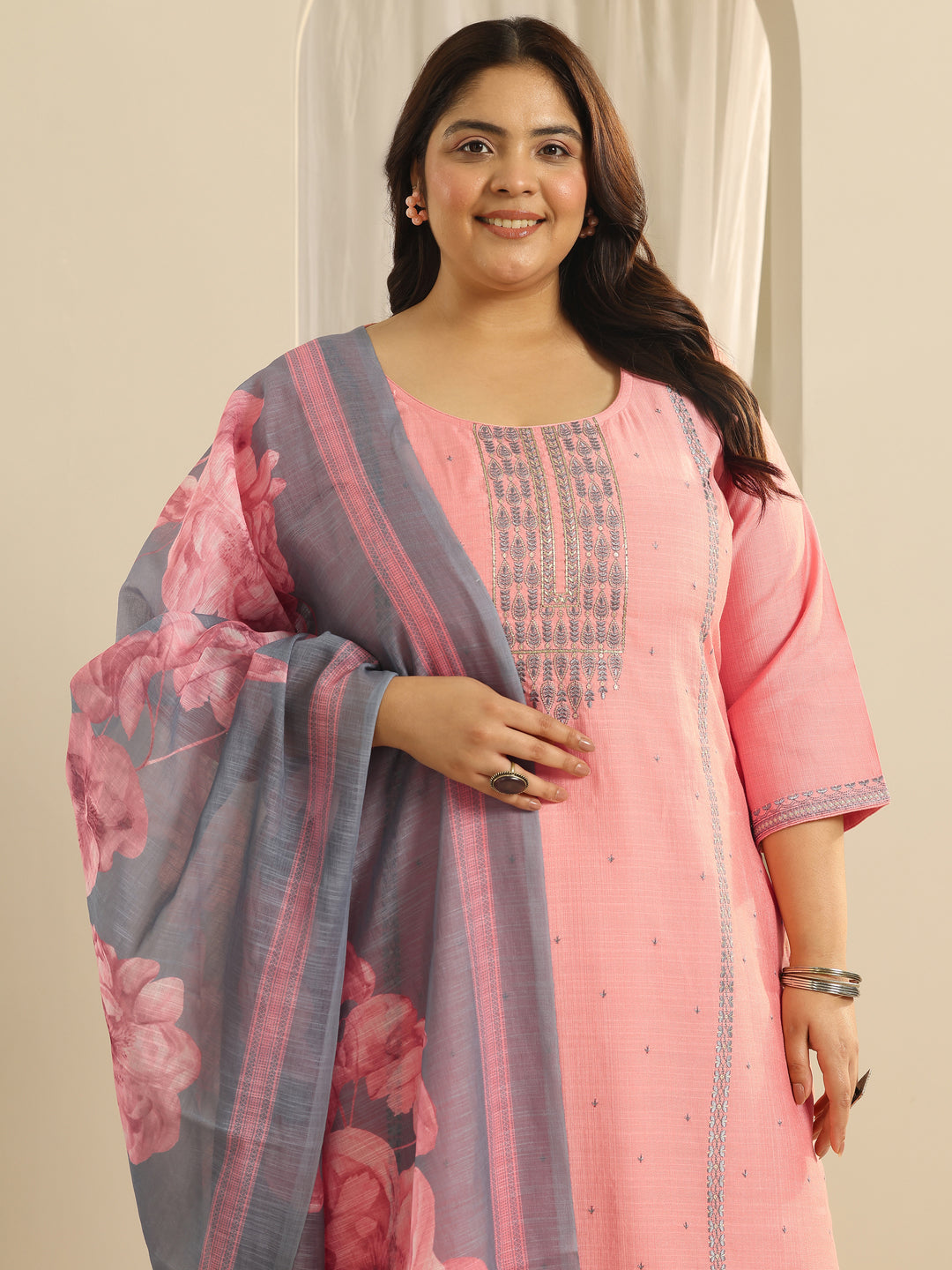 Plus Size Pink Printed Cotton Blend Straight Suit Set With Dupatta