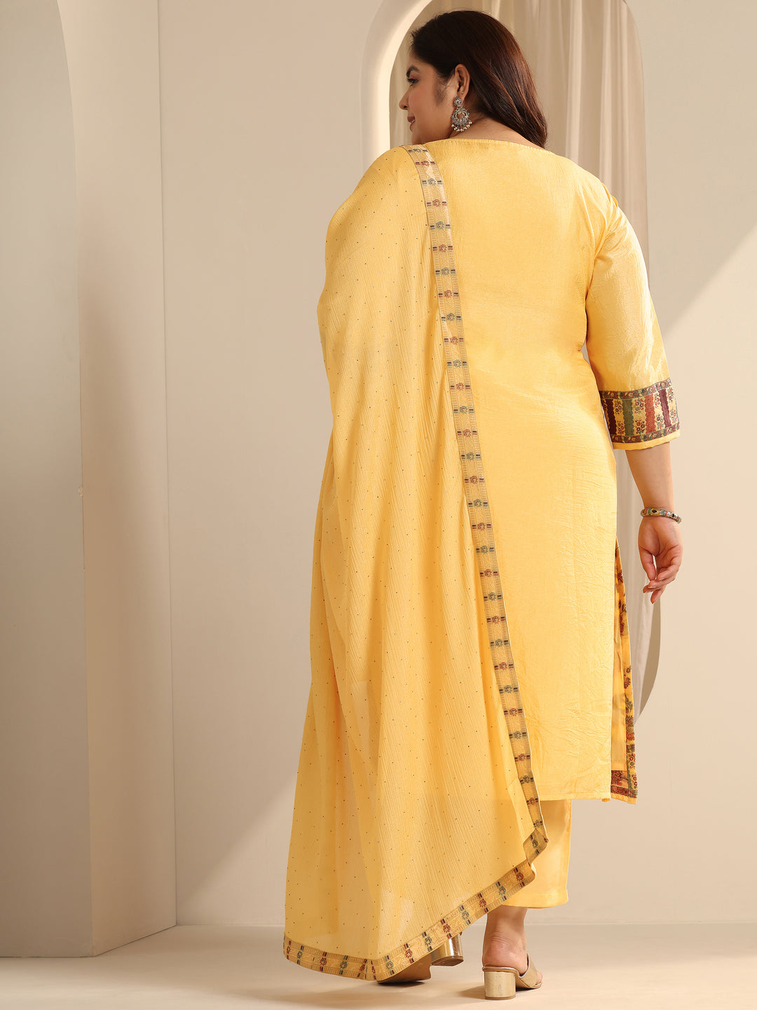 Plus Size Yellow Woven Design Silk blend Straight Suit Set With Dupatta