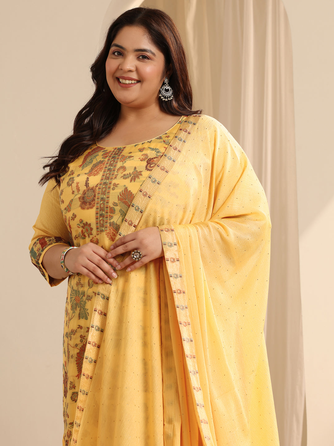 Plus Size Yellow Woven Design Silk blend Straight Suit Set With Dupatta