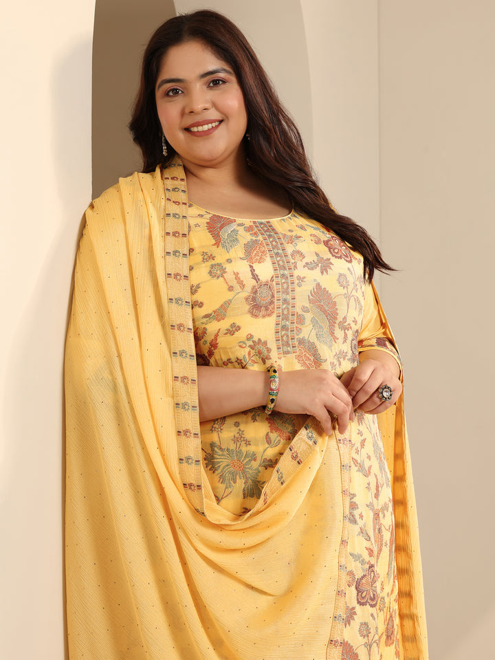 Plus Size Yellow Woven Design Silk blend Straight Suit Set With Dupatta