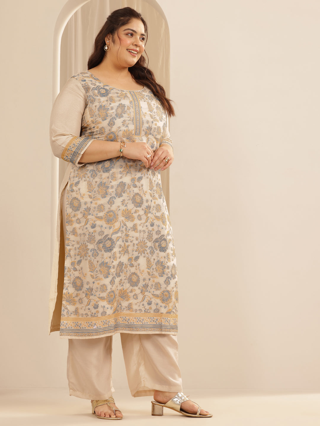 Plus Size Beige Woven Design Silk blend Straight Suit Set With Dupatta