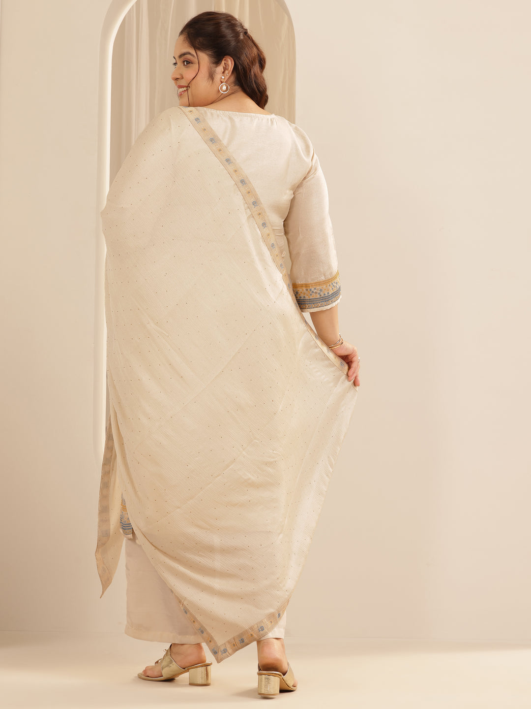 Plus Size Beige Woven Design Silk blend Straight Suit Set With Dupatta