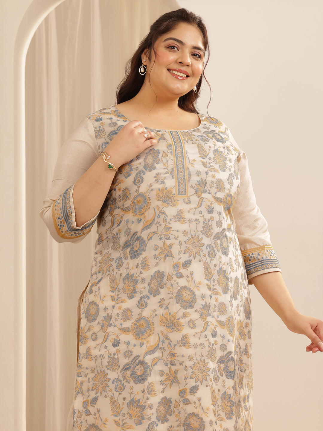 Plus Size Beige Woven Design Silk blend Straight Suit Set With Dupatta