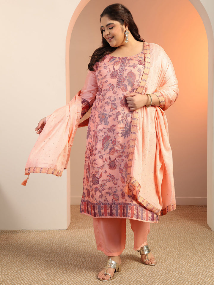 Plus Size Peach Woven Design Silk Blend Straight Suit Set With Dupatta