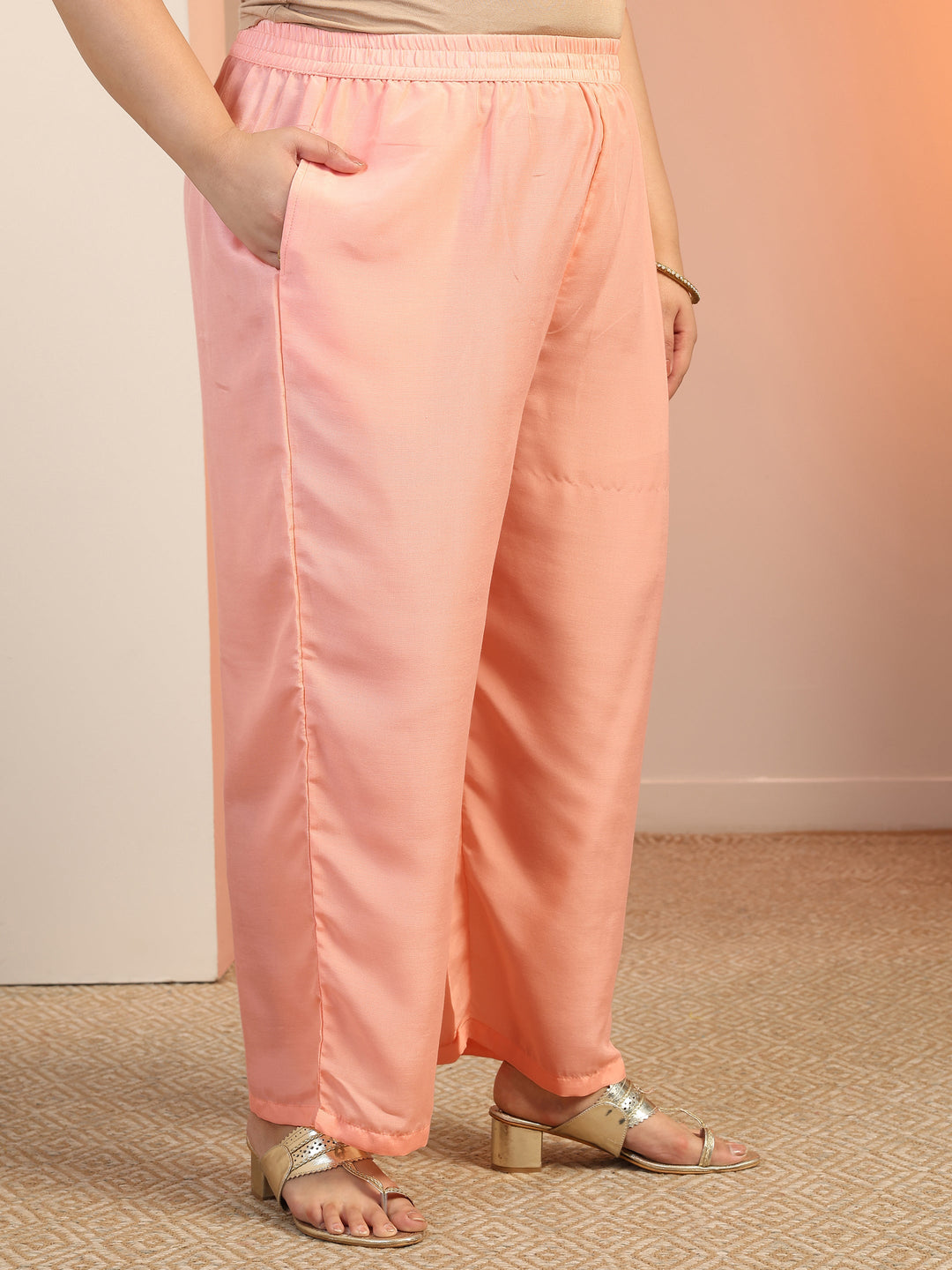 Plus Size Peach Woven Design Silk Blend Straight Suit Set With Dupatta