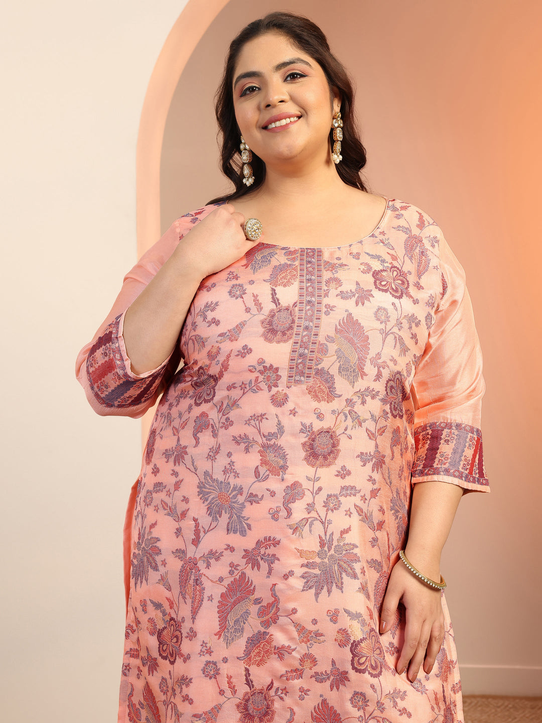 Plus Size Peach Woven Design Silk Blend Straight Suit Set With Dupatta