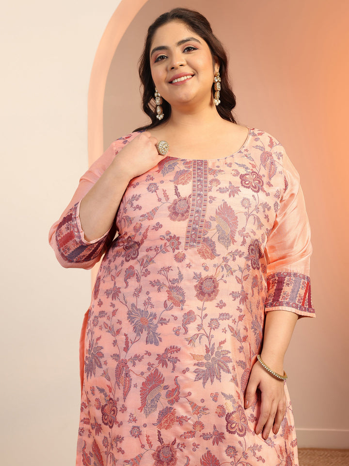 Plus Size Peach Woven Design Silk Blend Straight Suit Set With Dupatta