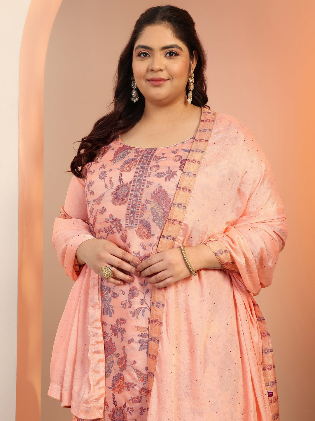 Plus Size Peach Woven Design Silk Blend Straight Suit Set With Dupatta