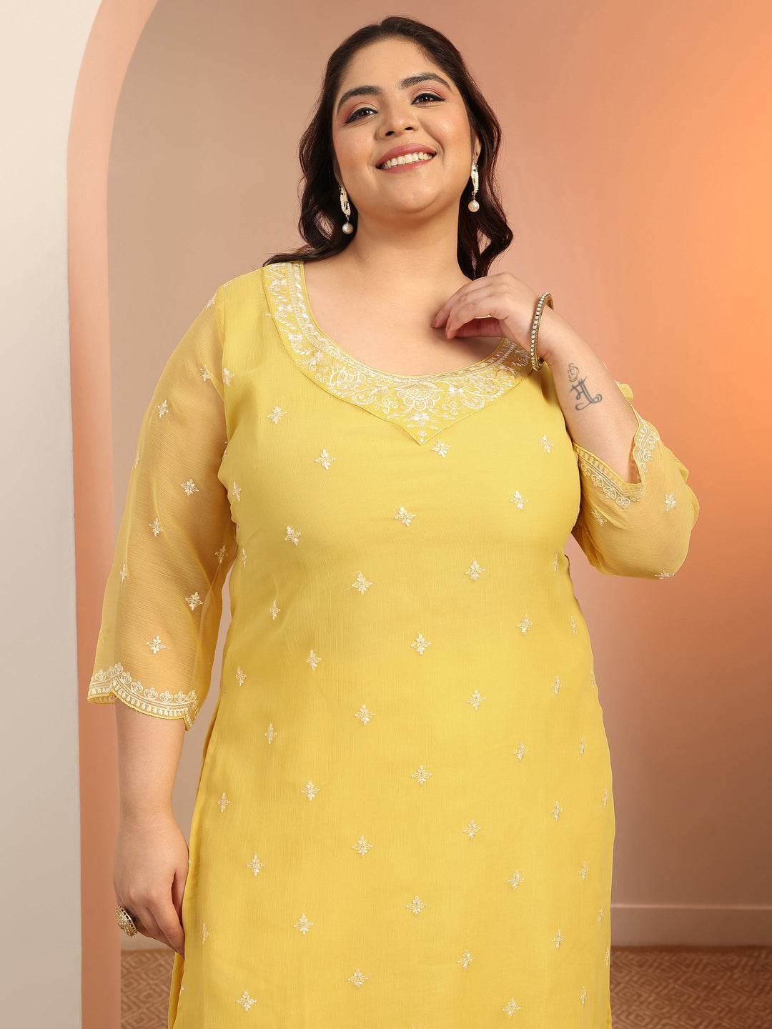 Plus Size Yellow Embroidered Chiffon Straight Suit Set With Dupatta