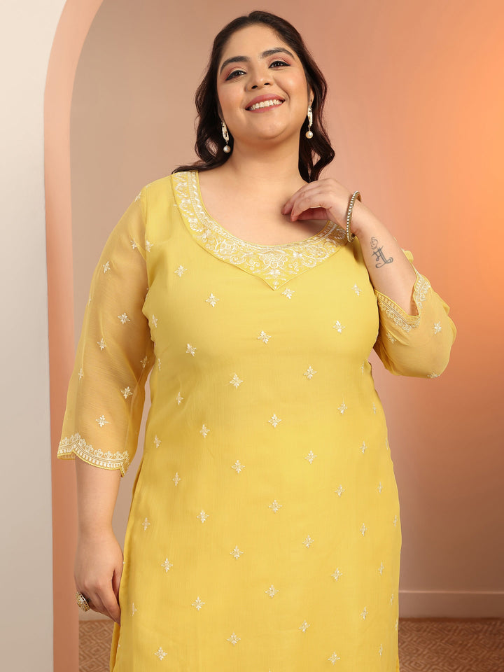 Plus Size Yellow Embroidered Chiffon Straight Suit Set With Dupatta