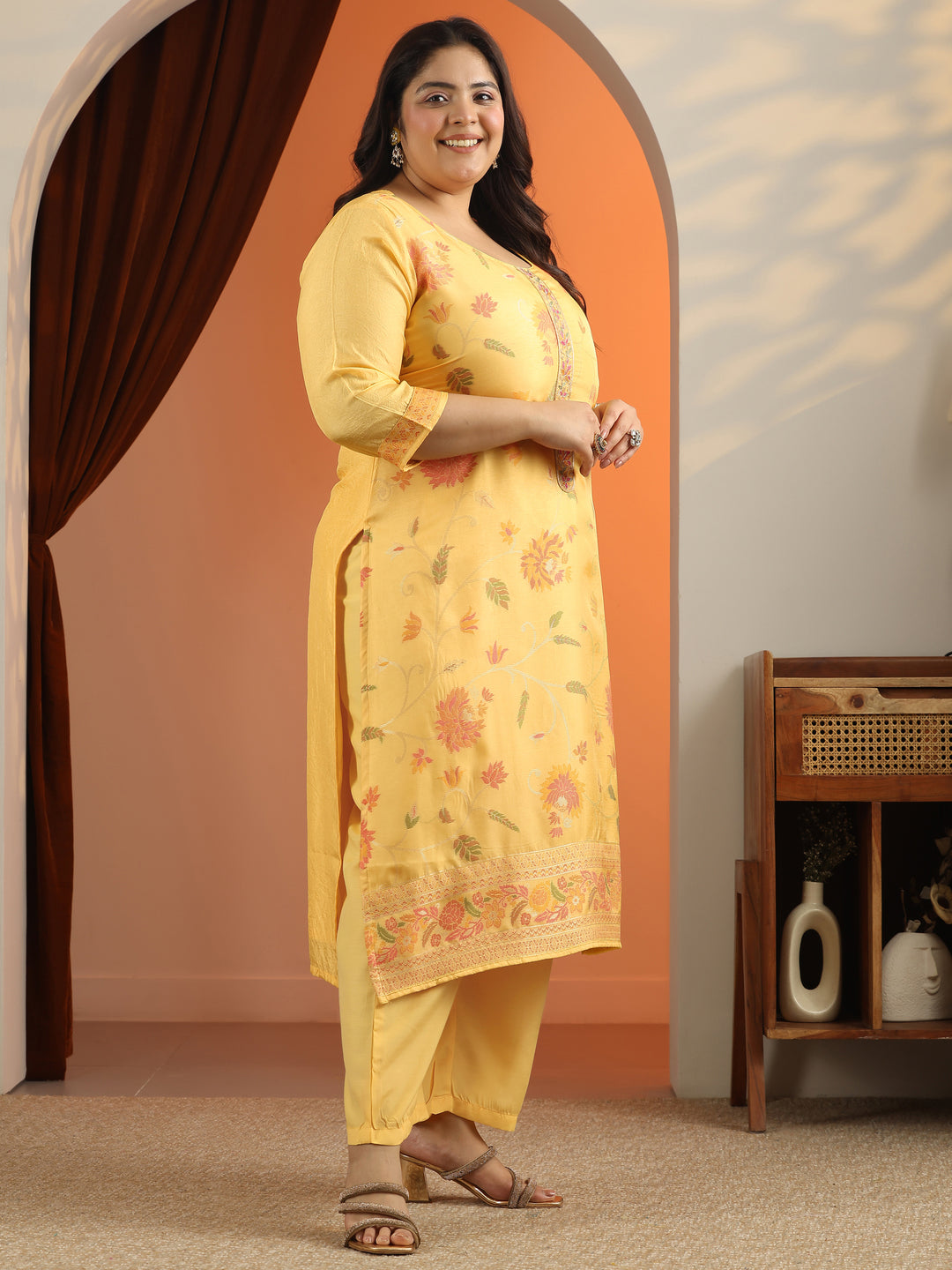 Plus Size Yellow Woven Design Silk blend Straight Suit Set With Dupatta