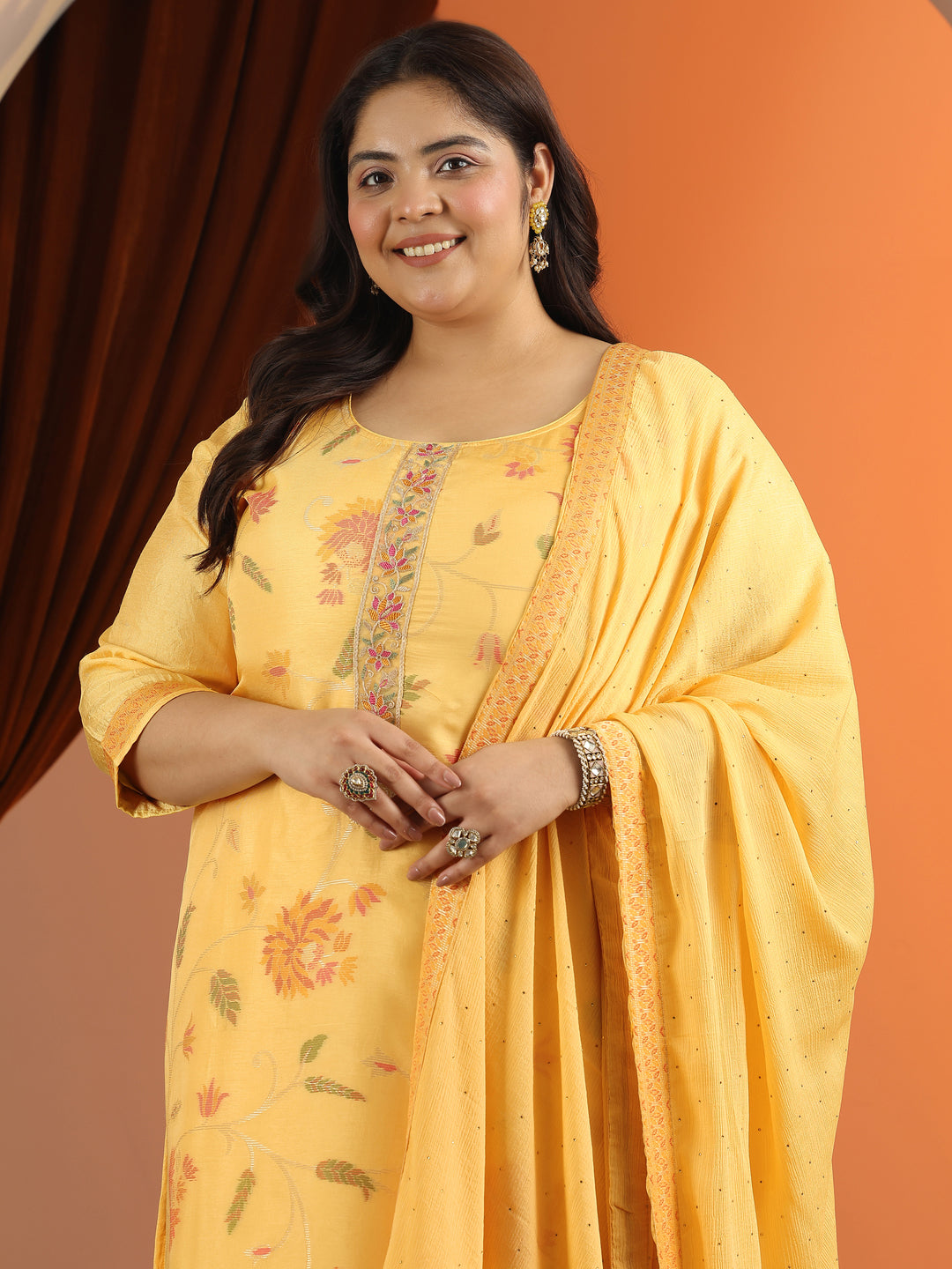 Plus Size Yellow Woven Design Silk blend Straight Suit Set With Dupatta