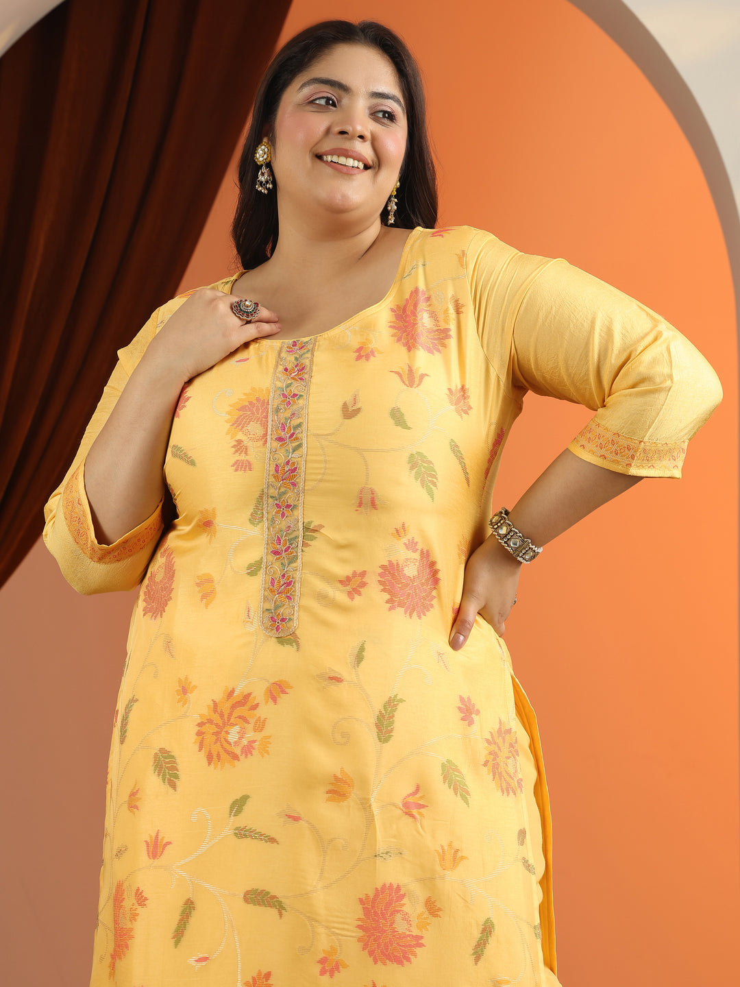 Plus Size Yellow Woven Design Silk blend Straight Suit Set With Dupatta