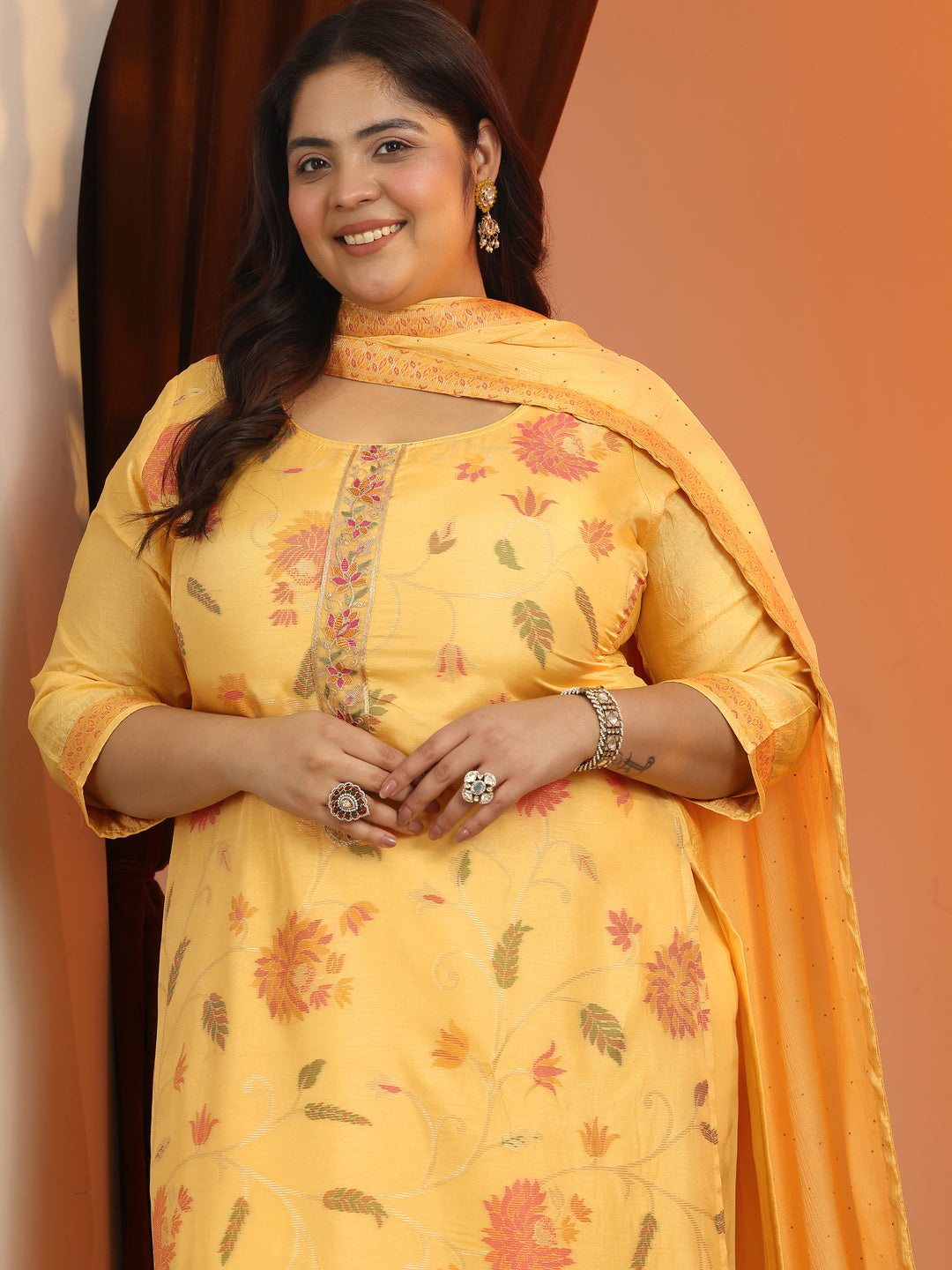 Plus Size Yellow Woven Design Silk blend Straight Suit Set With Dupatta