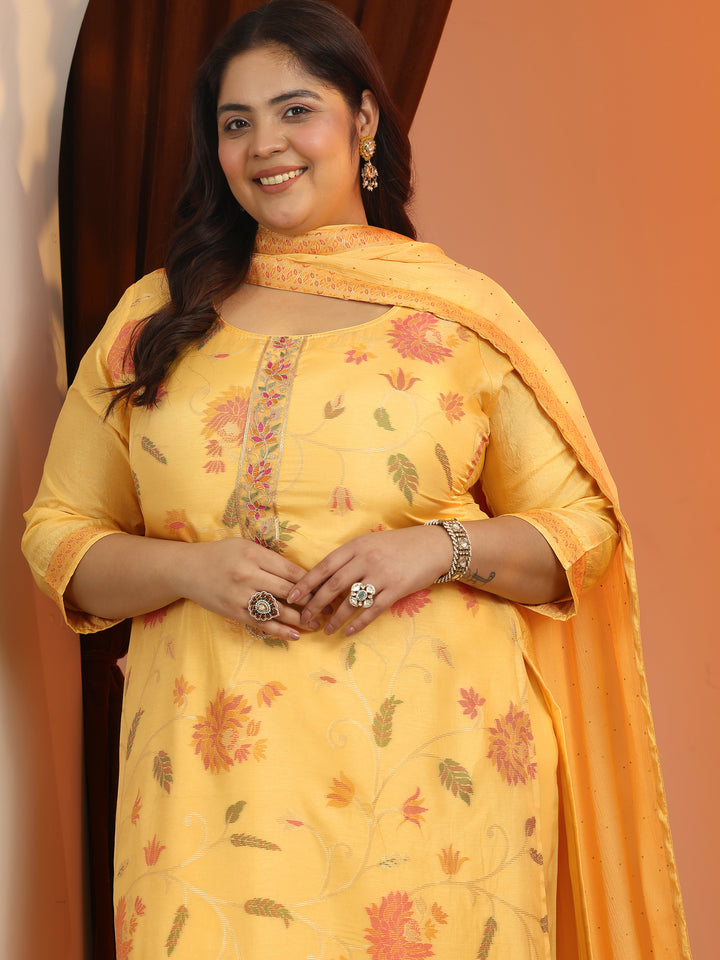 Plus Size Yellow Woven Design Silk blend Straight Suit Set With Dupatta