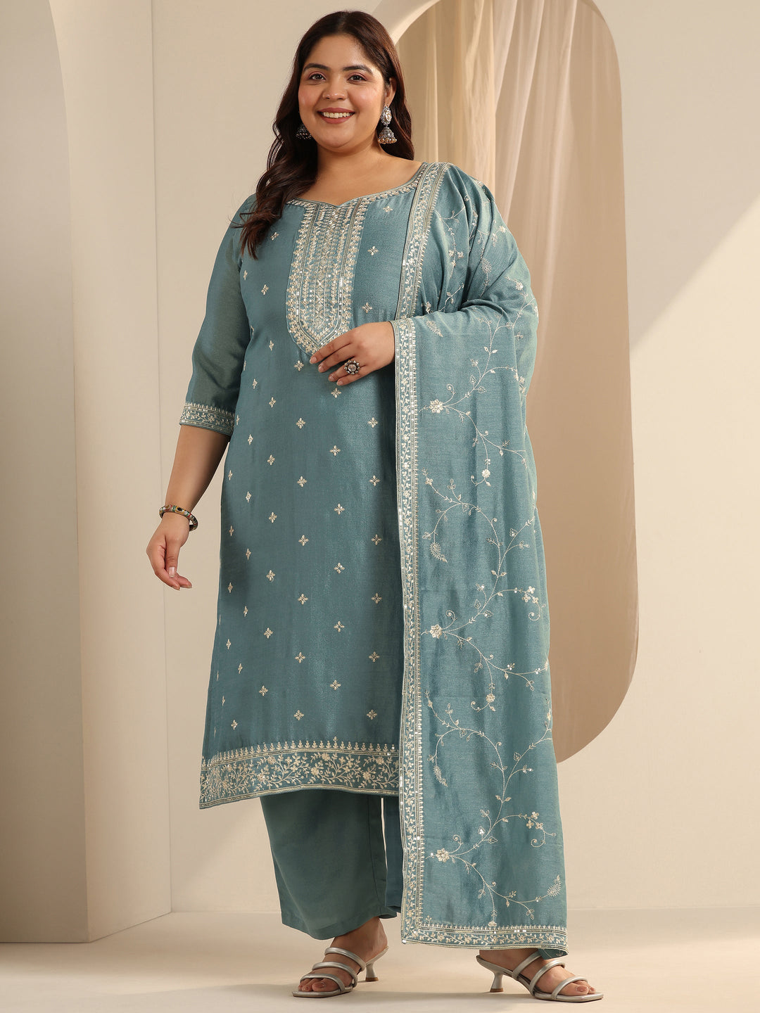 Plus Size Blue Embroidered Silk blend Straight Suit Set With Dupatta