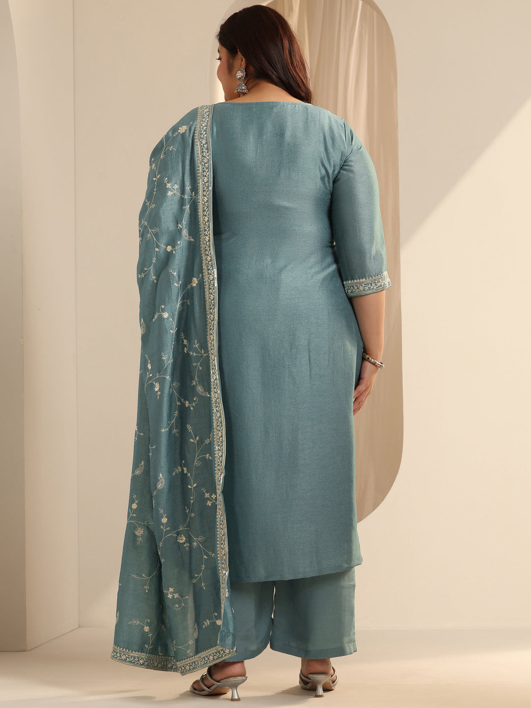 Plus Size Blue Embroidered Silk blend Straight Suit Set With Dupatta