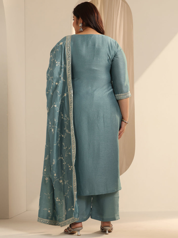 Plus Size Blue Embroidered Silk blend Straight Suit Set With Dupatta