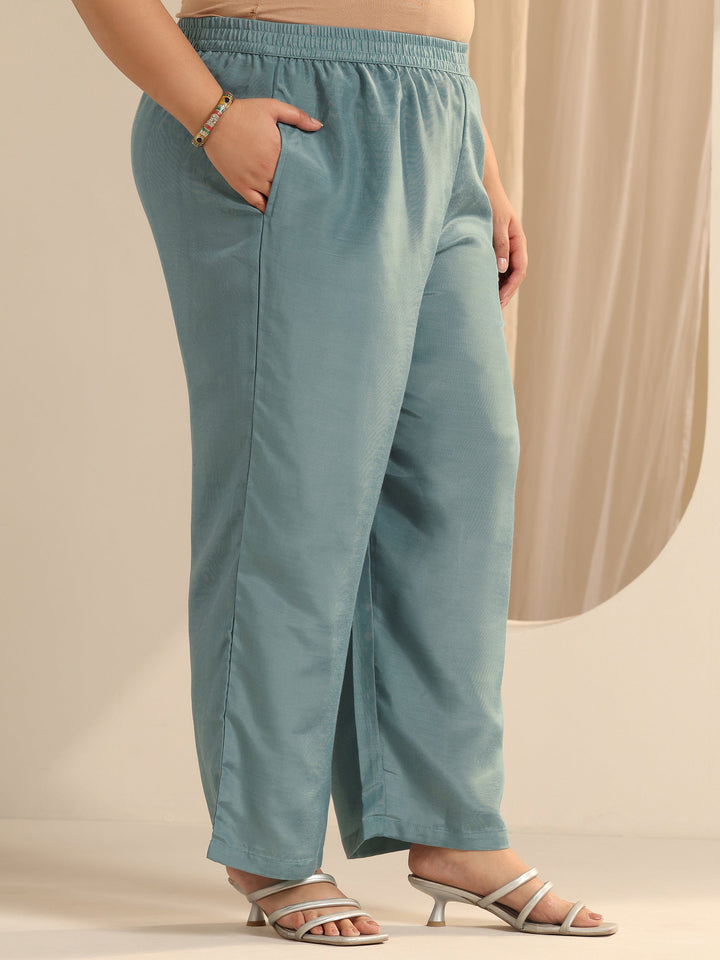 Plus Size Blue Embroidered Silk blend Straight Suit Set With Dupatta