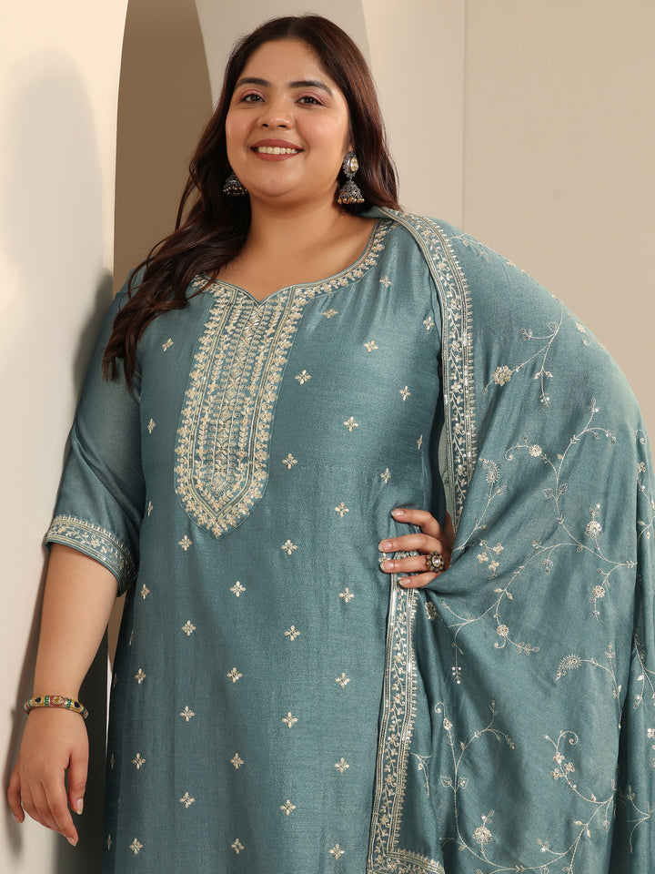 Plus Size Blue Embroidered Silk blend Straight Suit Set With Dupatta
