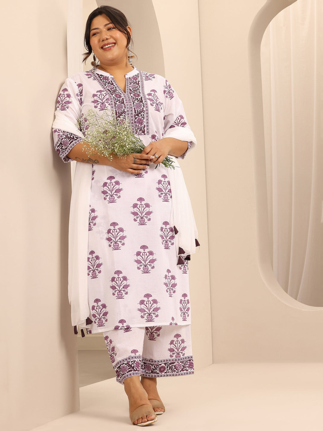 Plus Size White Printed Cotton Straight Suit Set With Dupatta