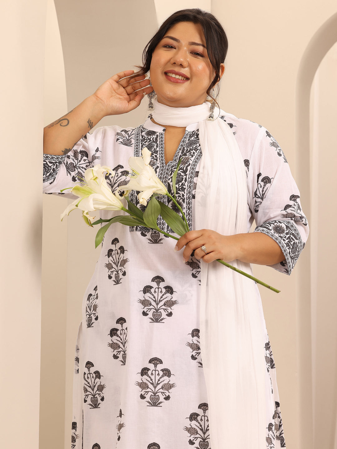 Plus Size White Printed Cotton Straight Suit Set With Dupatta