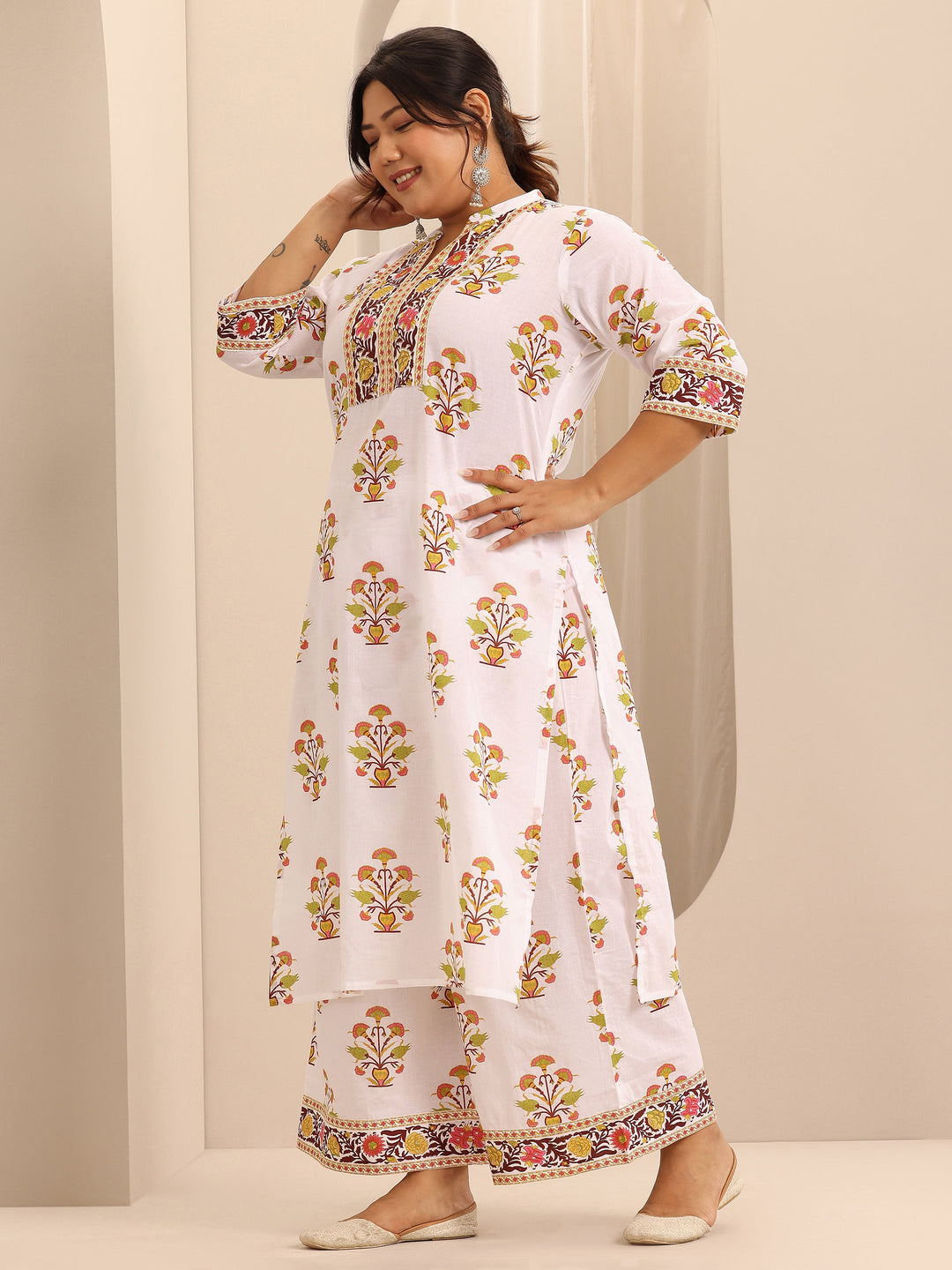 Plus Size White Printed Cotton A-Line Suit Set With Dupatta