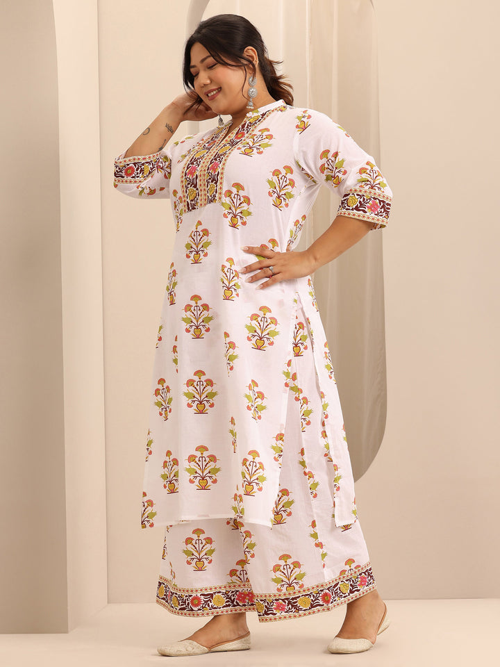 Plus Size White Printed Cotton A-Line Suit Set With Dupatta