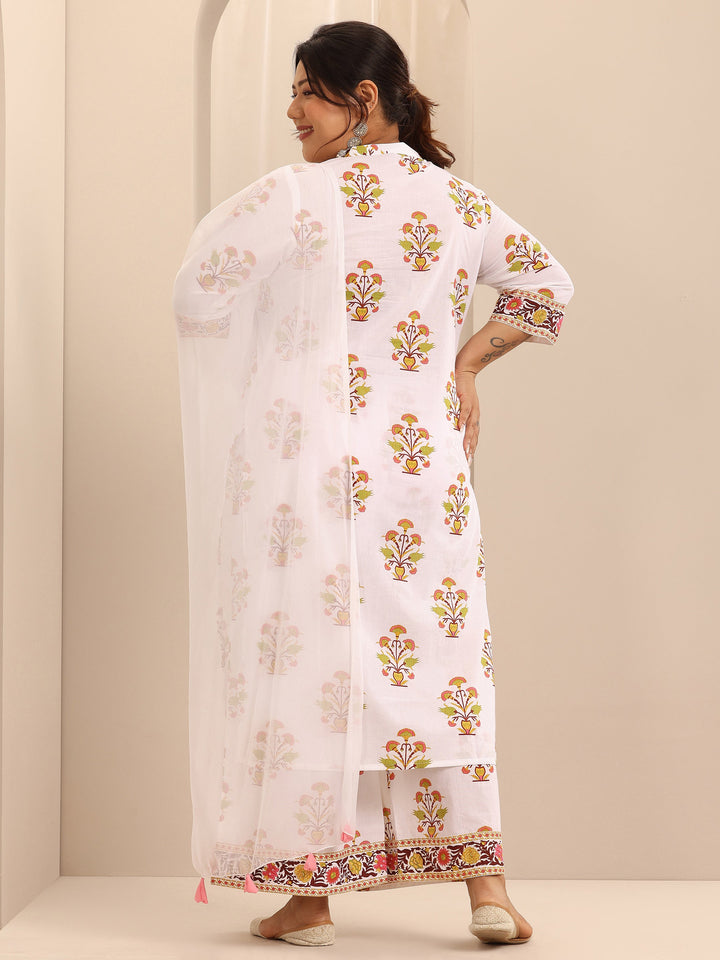 Plus Size White Printed Cotton A-Line Suit Set With Dupatta