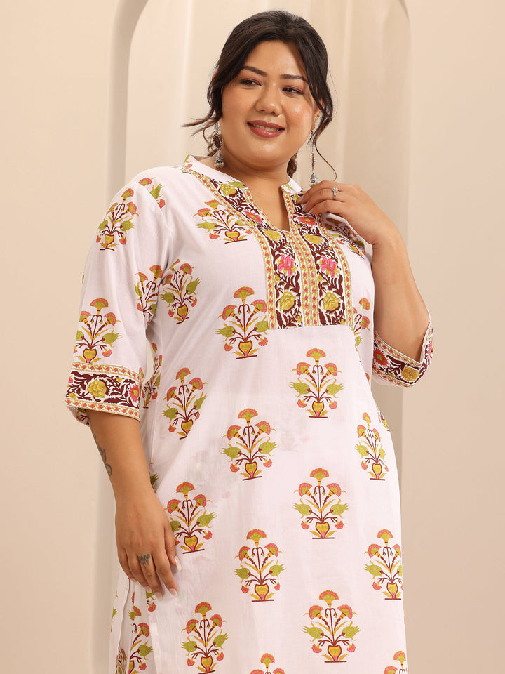 Plus Size White Printed Cotton A-Line Suit Set With Dupatta