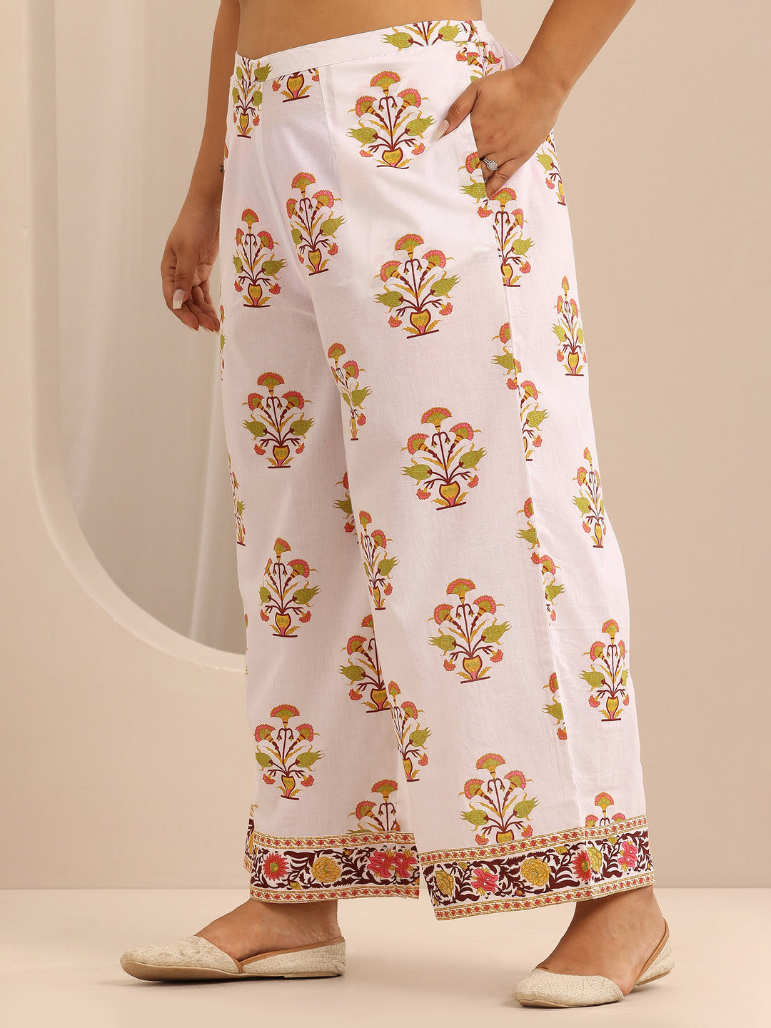 Plus Size White Printed Cotton A-Line Suit Set With Dupatta
