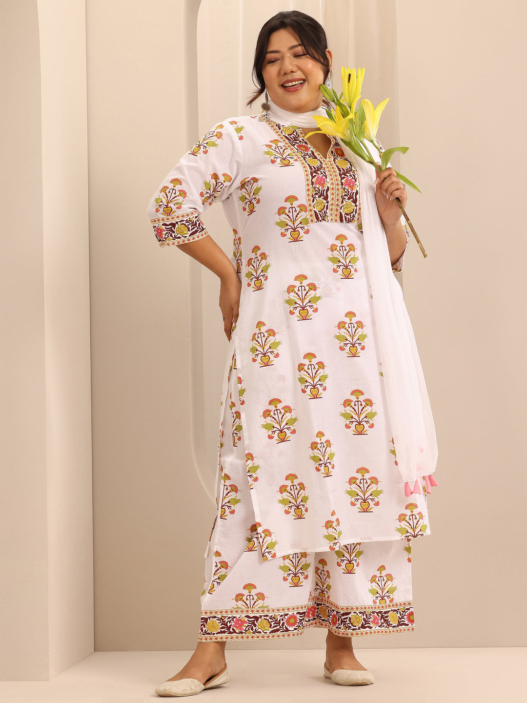 Plus Size White Printed Cotton A-Line Suit Set With Dupatta