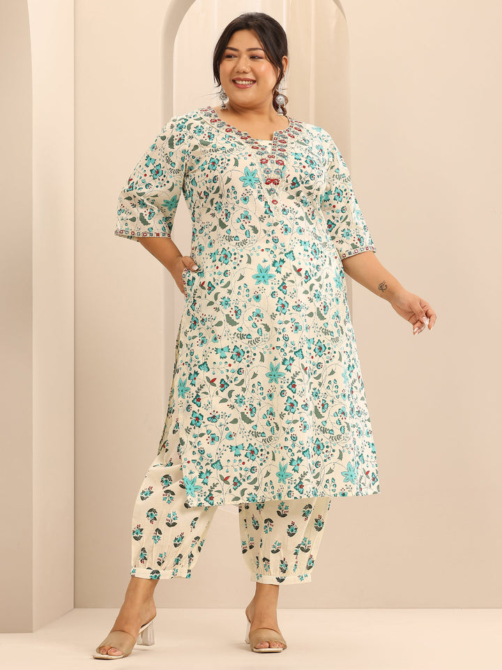 Plus Size Off White Printed Cotton Straight Kurta Set
