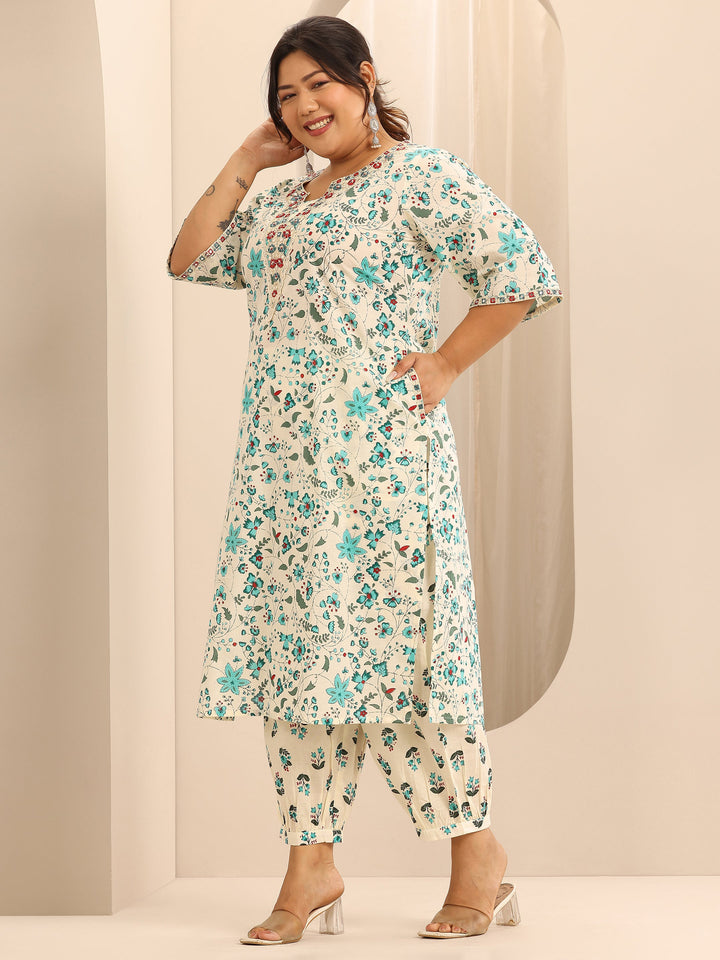 Plus Size Off White Printed Cotton Straight Kurta Set