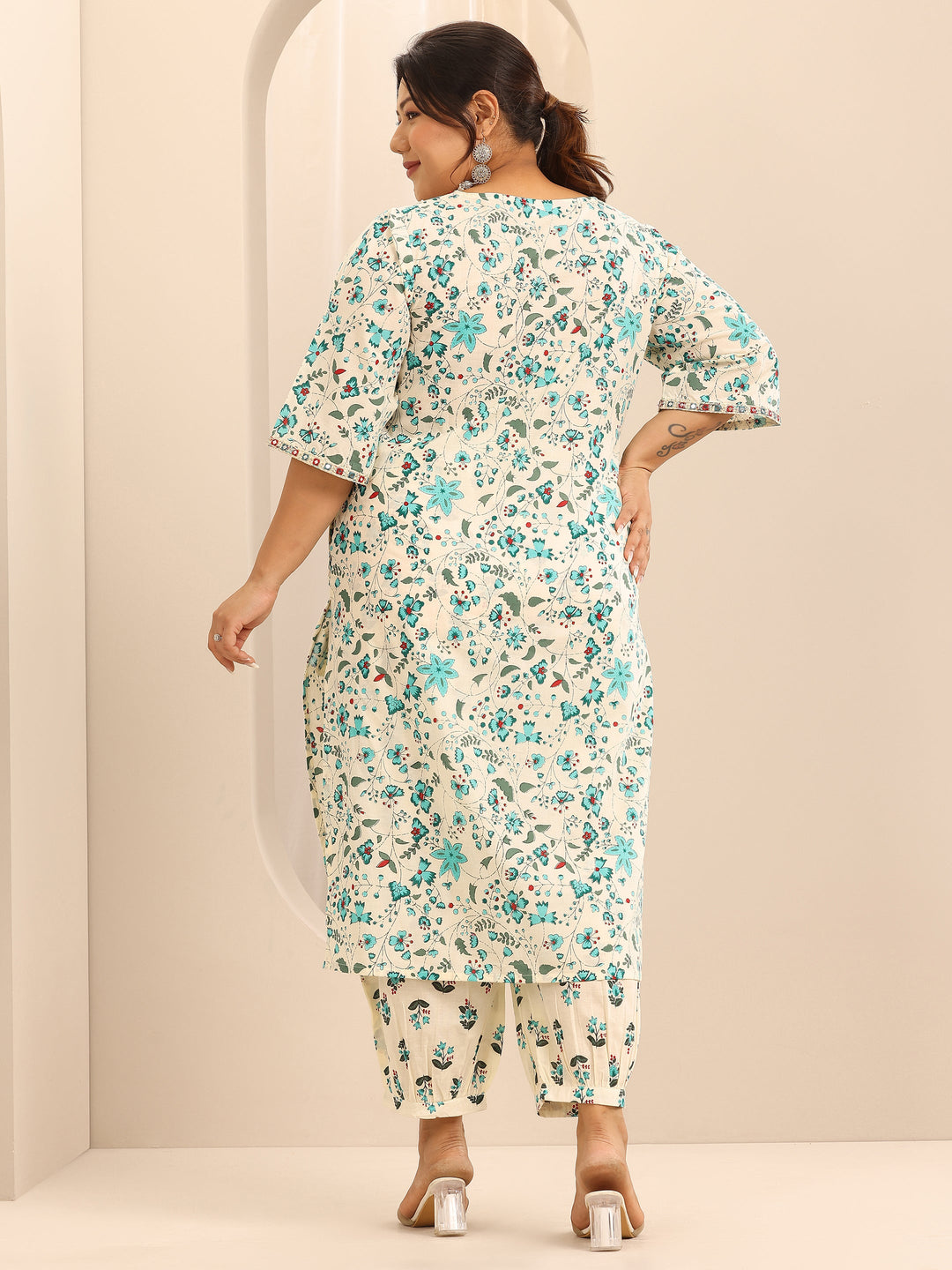 Plus Size Off White Printed Cotton Straight Kurta Set