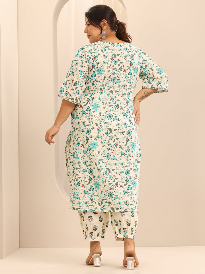 Plus Size Off White Printed Cotton Straight Kurta Set