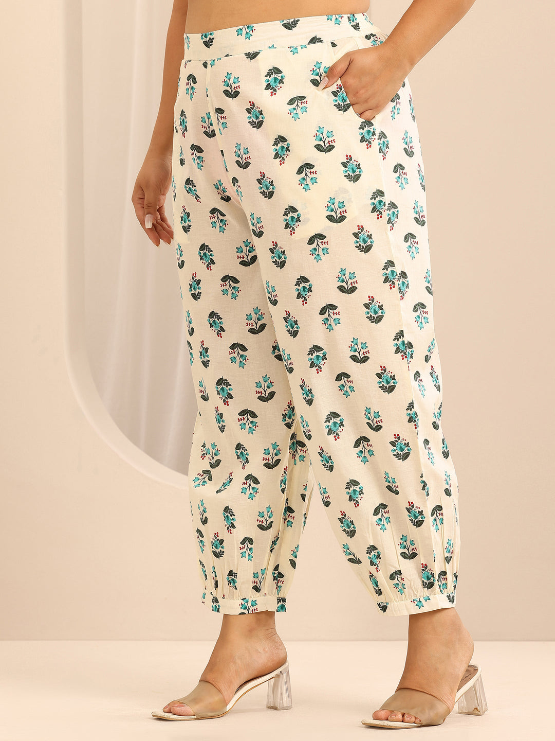 Plus Size Off White Printed Cotton Straight Kurta Set