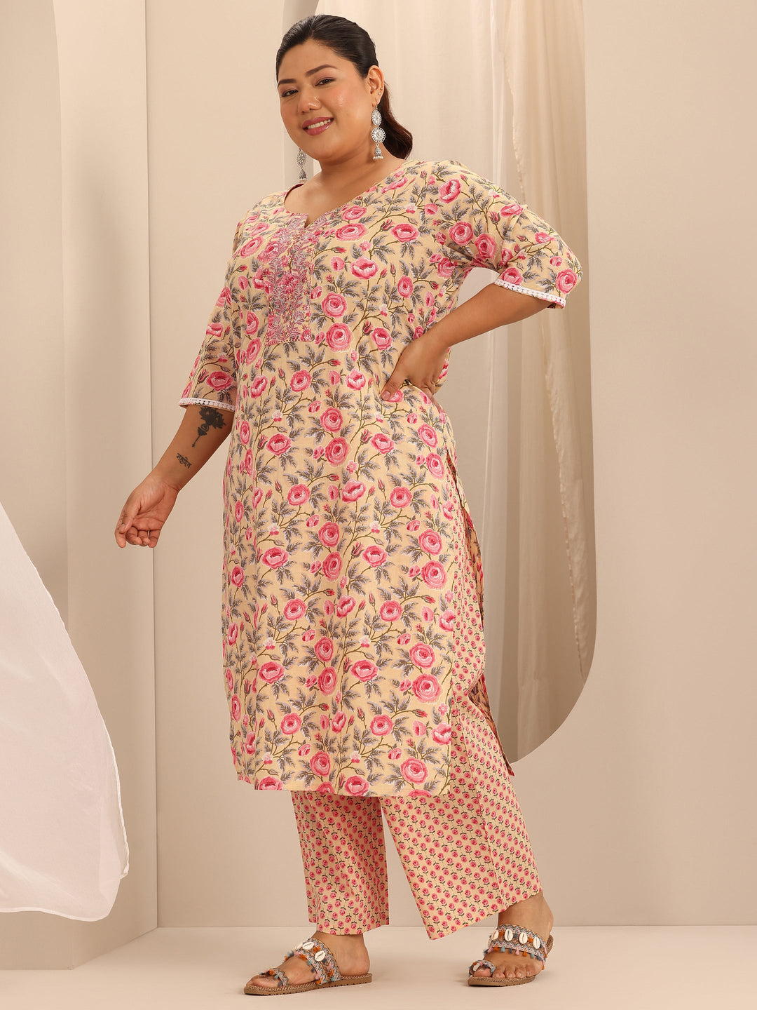 Plus Size Beige Printed Cotton Straight Kurta Set