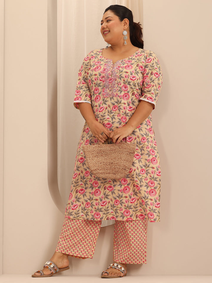 Plus Size Beige Printed Cotton Straight Kurta Set