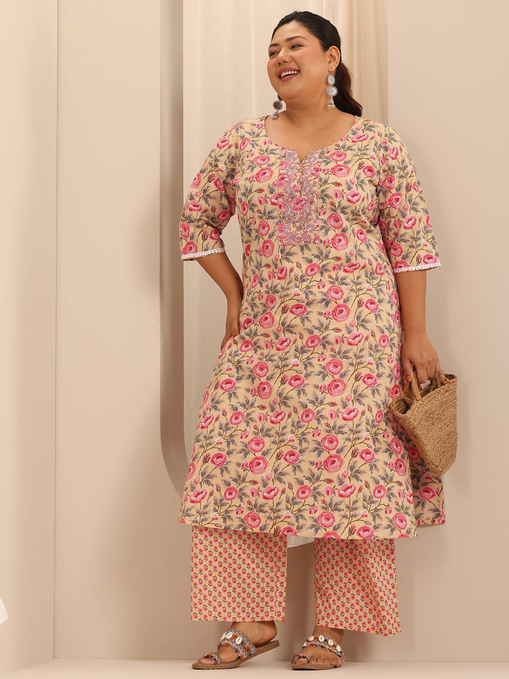 Plus Size Beige Printed Cotton Straight Kurta Set