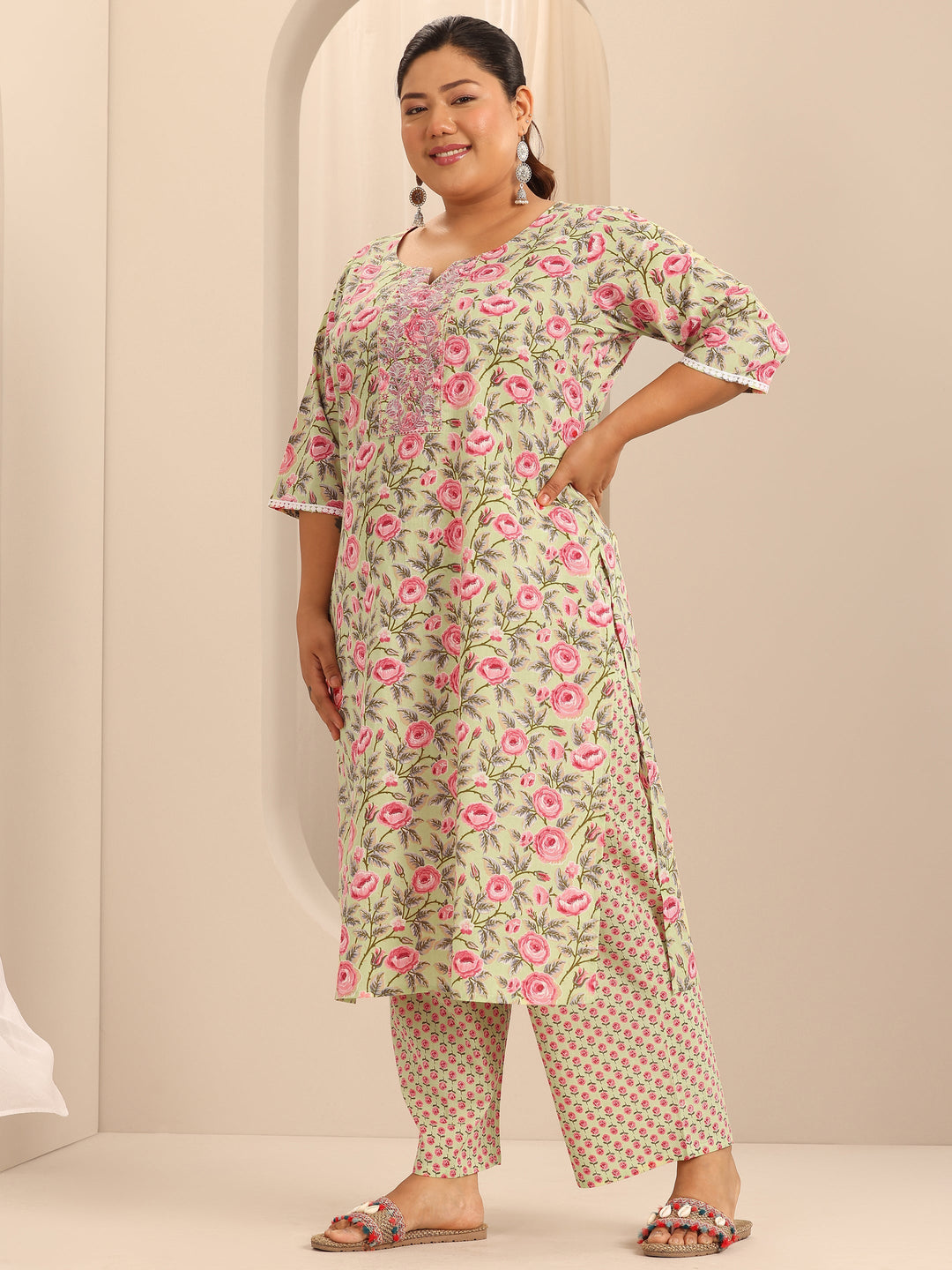 Plus Size Green Printed Cotton Straight Kurta Set
